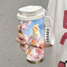 1件/5件 500ml 防漏不鏽鋼保溫咖啡杯，附翻蓋與「COFFEE」杯帶，可愛鸚鵡與櫻花圖案，適用冷熱飲，鳥類愛好者完美禮物，冰咖啡適用 - 多色-櫻花小鳥 - 查看 10