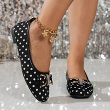 1 Pair Polka Dot Retro Fashion Bow Ballet Shoes, Suitable For Party & All Seasons - Black - View 3