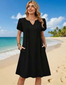,Flower Dress Women,2026 Women's Summer Casual Floral V-Neck A-Line T-Shirt Mini Dress Short Sleeve With Pockets Beach Sundress,Casual Summer Dress, S - 黑色 - 查看 3