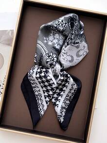 1pc Faux Silk Printed Neckerchief, Versatile Headband/Hair Scarf, Suitable For Daily Use - Black - View 3