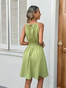 LUNE Vestido casual de mujer con textura de jacquard con cuello halter - Verde - Ver 2