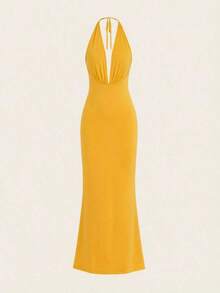 MEXOpulessa Vestido espalda descubierta de punto de unicolor para mujerMEX H5N4 - Amarillo - Ver 2
