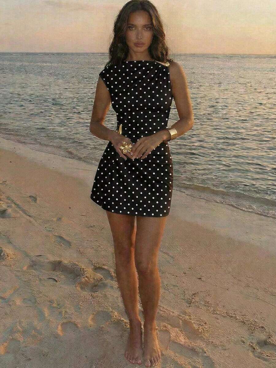 Vestido de Mujer con Mangas Tipo Paraguas y Volantes con Decoración Metálica - Blanco y Negro 3 - Ver 1