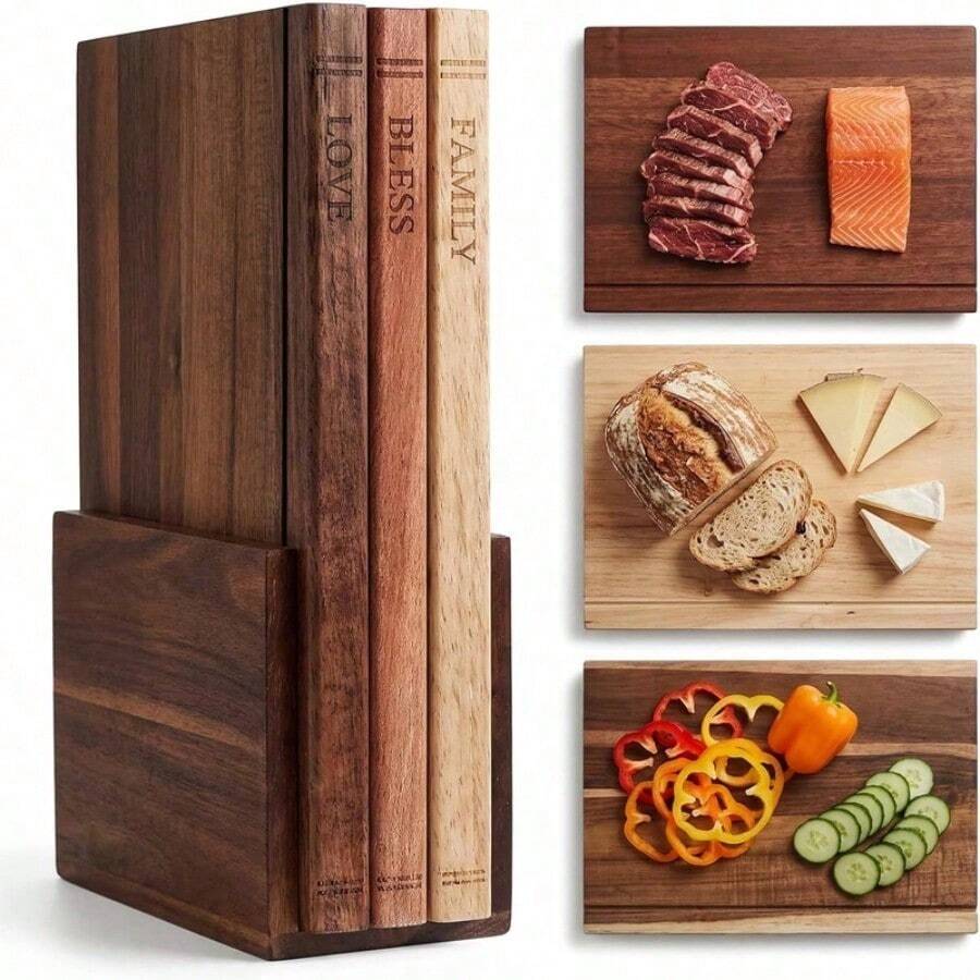 Wooden Book Shaped Cutting Board Set Of Three Pieces, Three Solid Wood Cutting Boards+One Solid Wood Base, Made Of Solid Wood Material, Book Shaped Cutting Board, Kitchen Decoration Gift. The Best Gift For Mom And Wife - Natural Color - View 1