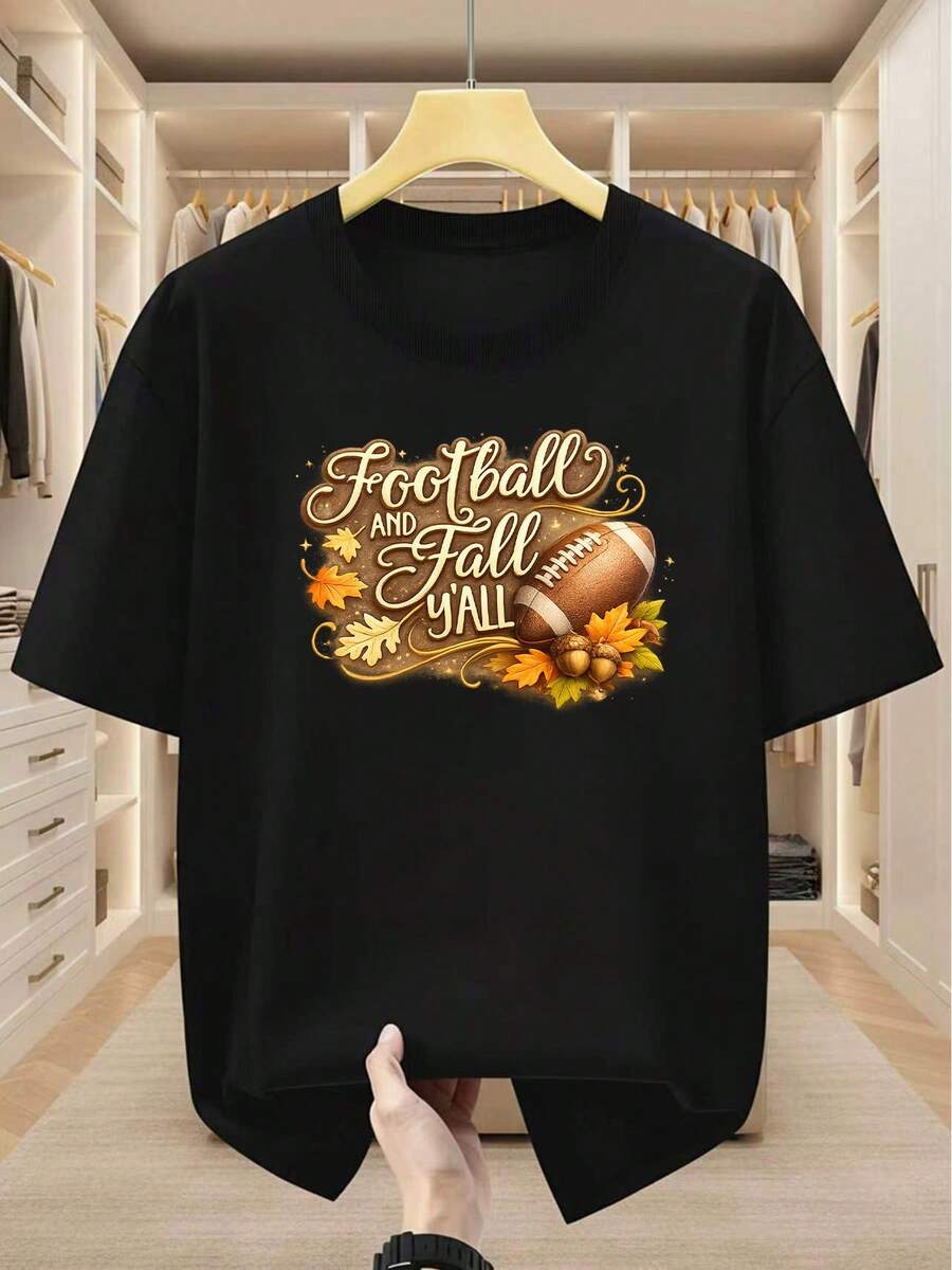 Men's Plus Size T-Shirt, 100% Cotton, With An American Football And Autumn Theme. Highlights The Sport And The Autumnal Atmosphere. Comfortable Short-Sleeved T-Shirt For Summer. - 黑色 - 查看 1