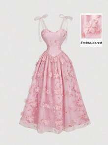 MOD Vestido midi elegante de mujer con cintura ceñida, aplicaciones y malla de contraste, adecuado para vacaciones de verano - Rosa - Ver 2