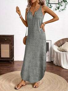 Vestido largo de tirantes de mujer con rayas verticales multicolor - Gris - Ver 6