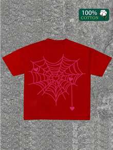 Pink Spiderweb And Hearts Graphic T-Shirt, Comfortable And Casual Short Sleeve, 220 Gram Cotton Printed T-Shirt, Halloween - 紅色 - 查看 6