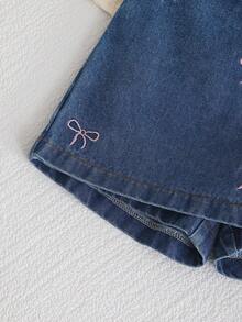 Summer Girls' Denim Shorts With Embroidered Bow And 3D Bow Decor, Elastic Waist, Fashion Girl's Outfit, Suitable As A Gift - Light Wash - View 6