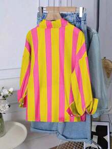 de mujer de poliéster con cuello, con botones delanteros, con un llamativo patrón de rayas, de manga larga y longitud regular, para fiestas, bodas y primavera - Morado - Ver 8