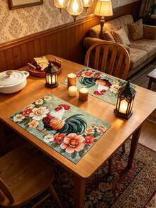 Rooster Pattern Table Runner, Farmhouse Style, Modern Home Kitchen Decor, 1pc Table Runner, 4pcs Placemats, 1pc Cushion Cover, Table Runner & Placemat Set, Multiple Product Combinations Available, Home Decor Indoor & Outdoor Party Supplies, Room Decoration. Suitable For Daily Home Kitchen Decor, Everyday Party Decoration. - Multicolor - View 6