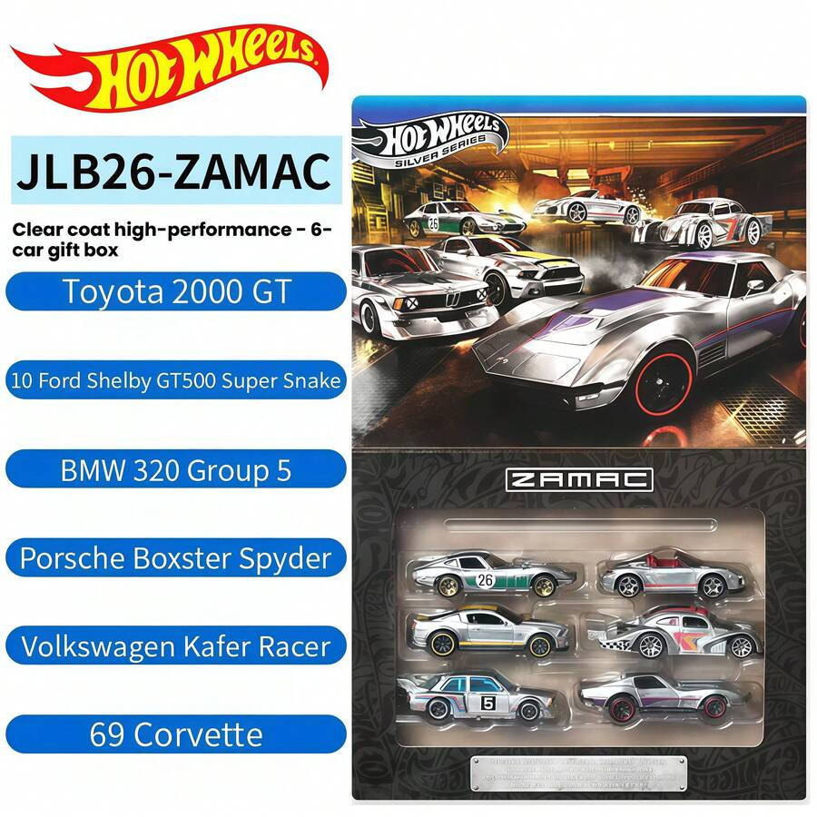 Hot Wheels 6-Pack ZAMAC Finish Diecast Cars Gift Set, Includes Toyota, BMW, Porsche, Volkswagen Beetle Racing Cars, JLB26 Alloy Model Collectible Gift - Multicolor - View 1