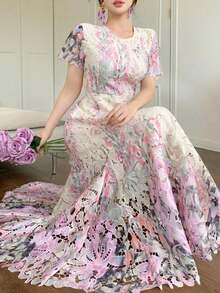 Vestido largo elegante y colorido con bordado calado para mujer, vestido de verano floral para mujer - Rosa 2 - Ver 4