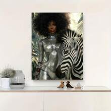 1 Pc Canvas Painting, A Silver Sequined Jumpsuit Featuring African Women And Zebras , Wooden Framed Art,High Quality ,Thickness 2. 25cm/1in Thick Wall Art Printed Poster, Cuadros,Directly Hung For Family Gifts, Living Room Decoration, Bathroom Decoration, Bedroom Decoration, Kitchen Decoration, Bar Decoration, Office Decoration. Memorial Day, Independence Day,Christmas And Valentine's Day Gifts, 2D Flat - đóng khung - Xem 7