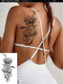 2pcs Fashionable Butterfly & Snake Floral Creative Pattern Temporary Tattoos, Floral & Butterfly Design Temporary Tattoo Stickers, Unisex Body Art Tattoos, Waterproof & Sweatproof, Suitable For Arms, Hands, Abdomen And Feet, Lasting 7-14 Days, Beach Party Accessories DIY Gift - Black - View 5