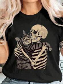 Women'S Skull And Cat Hugging Print Crew Neck Short-Sleeved T-Shirt, Dark And Casual Style, Fashionable Spring/Summer Women'S Clothing - Black - View 9