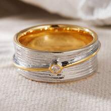 Women's Dual-Tone Wide Band Ring, Inlaid With White Synthetic Cubic Zirconia, Minimalist Retro Style, Suitable For Daily Commute - Two-color - View 8