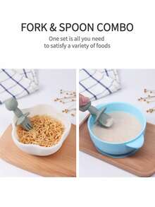 KUNT 1 Set Kids' Silicone Multifunctional Feeding Spoon & Fork, Bear Pattern, Suitable For Infants, Daily Training Use - Multicolor - View 4