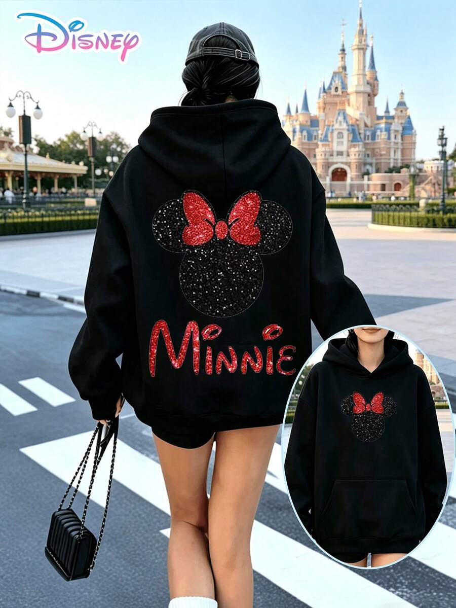 The Disney "Mickey Mouse Sparkle" Y2K Print Hoodie Is A Playful, Loose-Fitting Top With A Casual Print. As A Versatile And Casual Holiday Gift, It's The Perfect Choice. (Women's Fall/Winter Clothing / Elegant Women's Wear / Printed Hoodies / Printed Tops / Women's Casual Wear / Women's Fashion Essentials / Holiday Outfits / Plus-Size Friendly) - Black - View 1