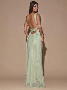 Vestido largo de sirena minimalista y sexy de unicolor amarillo crema con escote en V profundo, sin mangas, espalda descubierta y tirantes con lazo, adecuado para fiesta, cóctel, ocasió - Verde - Ver 6
