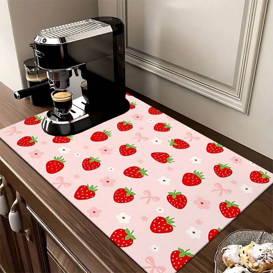 1 pieza Felpudo absorbente con estampado de fresa para secar platos, Felpudo absorbente para mostrador de máquina de espresso, Felpudo absorbente para fregadero, Felpudo absorbente suave para grifos, Felpudo absorbente para tazas de fregadero, Accesorios para el hogar y la cocina, Accesorios de baño - Multicolor - Ver 1