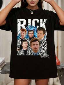 Rick Astley 80s Retro Pop Photo Collage Graphic Oversized Black T-Shirt - Black - View 6