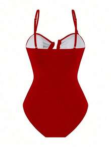 Set de 2 piezas de traje de baño con bandeau y tiras huecas rojo + falda de cubrir para playa, conjunto de verano de ocio y vacaciones 2025 nuevo - Rojo - Ver 4