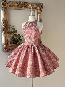 Lovelzi Vestido elegante, romántico y sexy de jacquard dorado, espalda descubierta, cintura con lazo, para fiesta de cumpleaños, baile, invitada de boda o graduación - Rosa vieja - Ver 7
