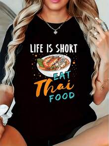 Camiseta corta con estampado de comida tailandesa y diseño de cocina tailandesa. Manga corta, cuello redondo, tejido elástico. Ideal para usar en clases de cocina tailandesa. Regalos para cocineros. Estampado de temporada. Impresión duradera. Camiseta de manga corta para mujer. Ropa de temporada. - Negro - Ver 1