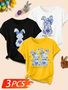 Women's 3-Piece Short-Sleeve T-Shirt Set With A Blue And White Porcelain Heart And Rabbit Print, Retro Style, Round Neck, Comfortable, Fashionable For Spring, Summer, And Fall 2026. Suitable For Everyday Wear, Casual Parties, And Elegant Women's Clothing. Simple, Loose, And Versatile Top. Sizes S-XXL. - 黑色 - 查看 9