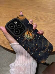 1pc Vintage Black Night Sun & Moon Pattern Vertical Faux Leather Texture Anti-Fall Anti-Fingerprint Shockproof Phone Case - Multicolor - View 5