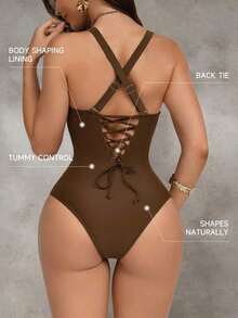 Traje de baño de una pieza con control de abdomen y push-up, con espalda cruzada, en color marrón con diseño de patchwork, elegante y sexy para fiestas y piscina - Café integral - Ver 7