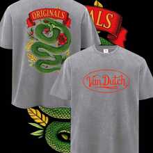 2026 New Summer Men Washed Cotton Streetwear Brand Originals Vons Dutchs Snake And Clover Print Casual Tee For Daily Wear Outdoors| Front And Back Print| Vintage Heavyweight T Shirt| Perfect Gift| Loose Comfortable Breathable| Machine Washable Fabric| Hip Hop Cool Style| Drippy Clothes| Y2K Cotton Graphic Tees - Xám 2 - Xem 1