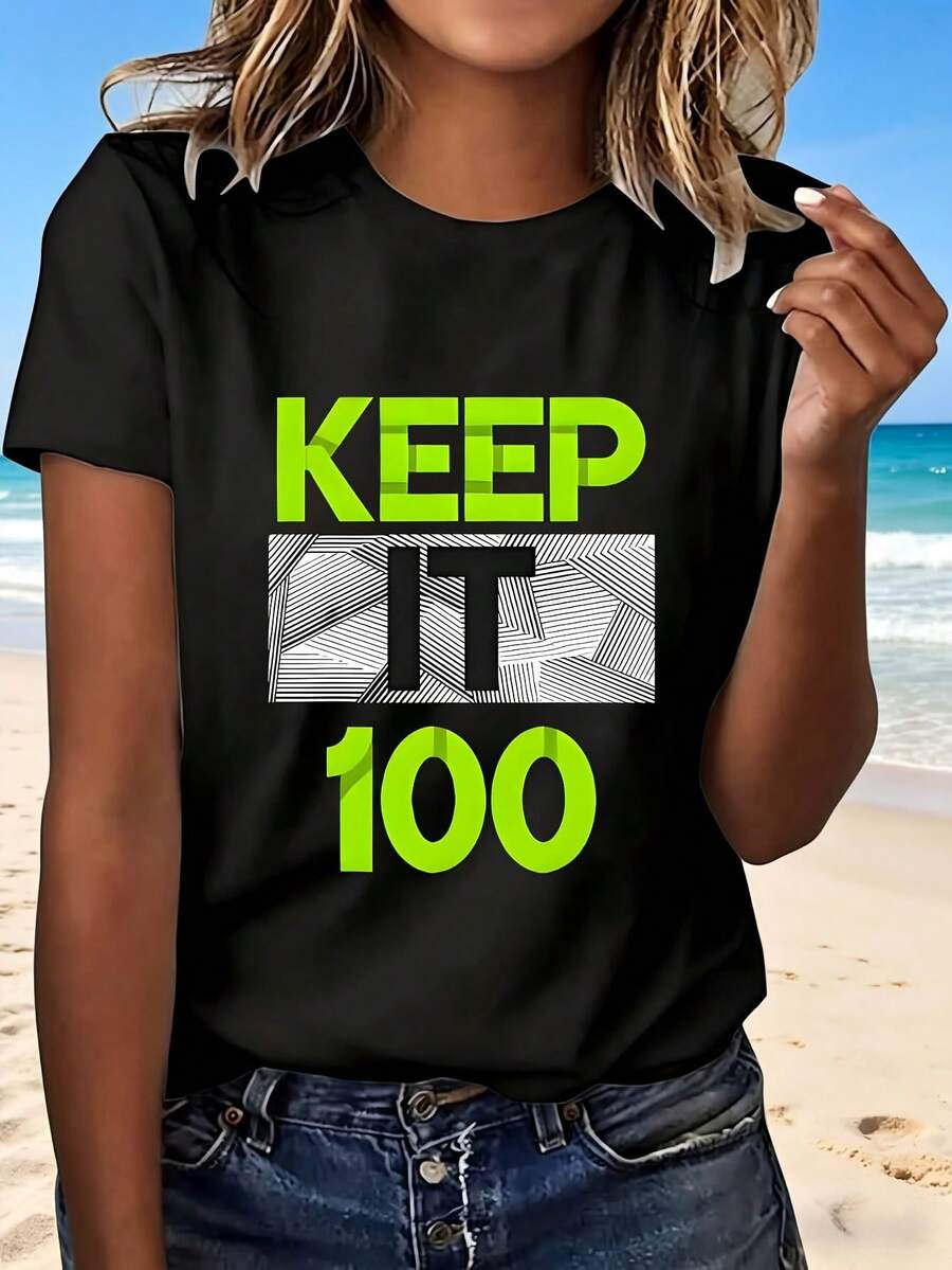 Keep It 100 T Shirt With Fashion Design Trendy Casual Wear For Beach Outing Perfect Gift For Friends And Family - Negro - Ver 1
