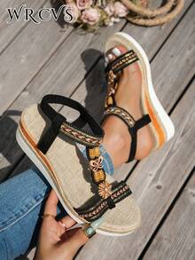 Sandal Tali Anyaman, Sandal Wedges Gaya Bohemian Ringan untuk Liburan, Perlengkapan Liburan Penting, Sandal Platform Sol Tebal Musim Panas, Motif Bunga Acak - Hitam - View 3