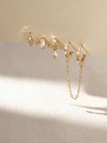 Nooxian 5pcs Gold Zirconia Ear Cuff Set, Multi-Piercing Rhinestone Chain Earrings, Luxury Layered Ear Accessories - Yellow Gold - View 2