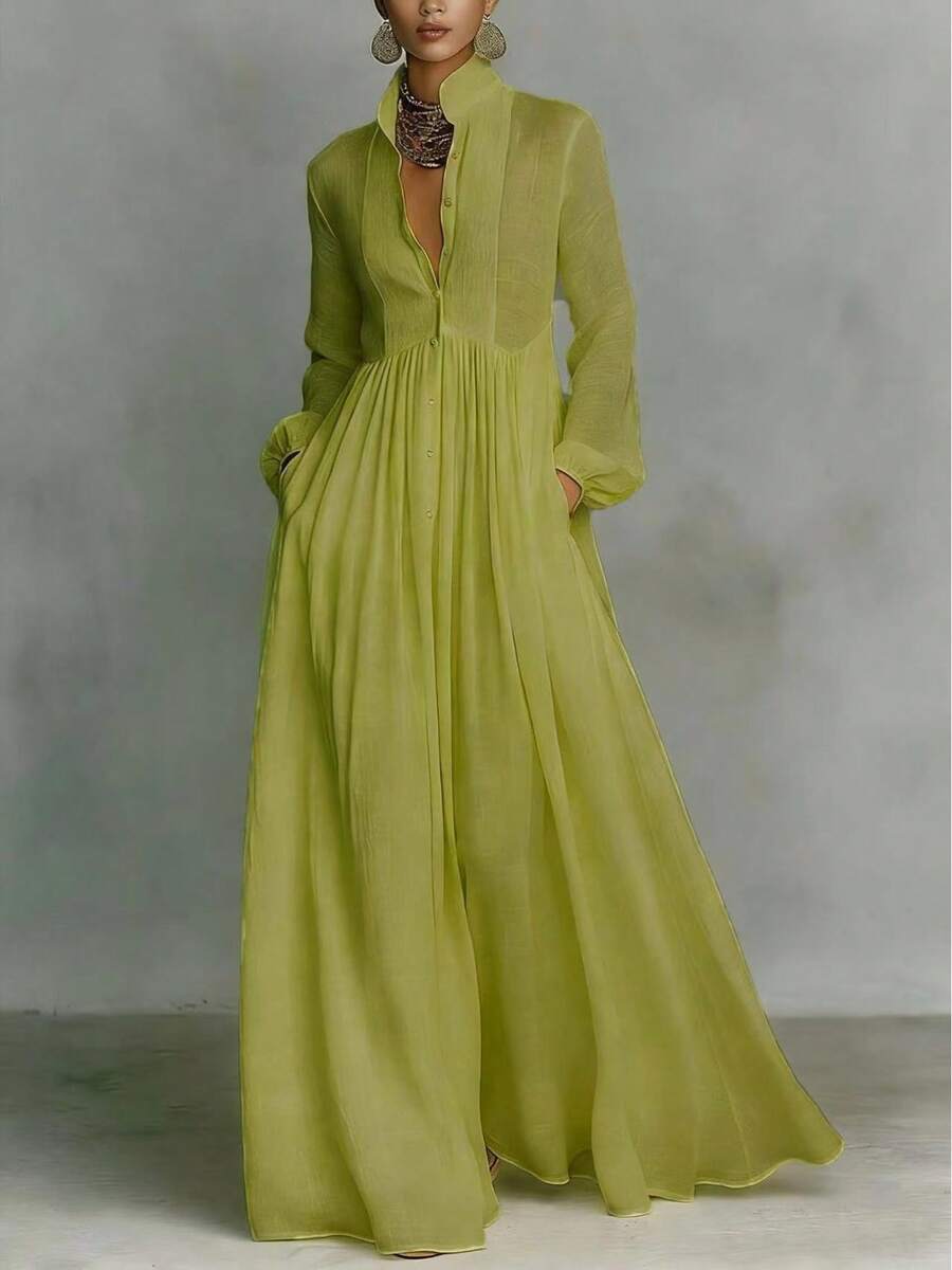 2026 Spring Solid Maxi Dress, High Waist Flowy Swing Gown, Elegant Outfit For Party Date Vacation Daily Wear - 綠色 - 查看 1