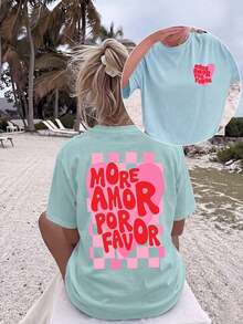 2026 Fashion ,1PC,Vintage More Amor Por Favor Checkered Heart Loose-Fit Women's-Shirt, Summer Beach Vacation Style Aesthetic Double-Sided Print Short- - 藍色 - 查看 6