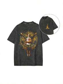 Camiseta Lavada para Hombre - Estampado Anime Y2K, Estilo Retro Americano INS, Única y de Corte Holgado, con Diseño de Botella Sunburst, Alas y Llamas, Camisetas Vintage Streetwear con Estampados Gráficos - Negro - Ver 1