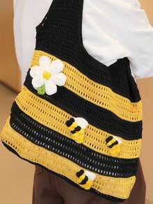 Women's Shoulder Bag With Cute Bee & Daisy 3D Decor, Vintage Black & Yellow Striped Hollow Knitted Bag, Suitable For Street Style, Beach Travel And Romantic Vacation - Multicolor - View 6
