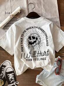 [Double Side Print] Women's Casual Summer Top In Dark Style With Skulls And Rays. DON'T TALK TO ME WHEN I AM - Short Sleeve Round Neck Print T-Shirt [Ling K], Women's Summer Outfit - White - View 2