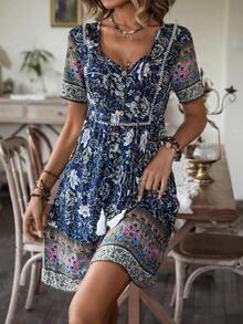 Vestido de verano casual y de vacaciones con estampado floral y manga corta para mujer - Azul marino - Ver 3