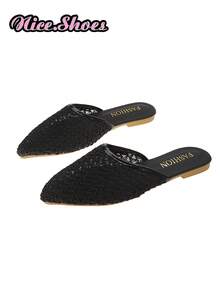 Nuevas sandalias de punta puntiaguda de malla tejida para el verano, de uso casual, cómodas y relajadas, en colores plateado y negro - Negro - Ver 6