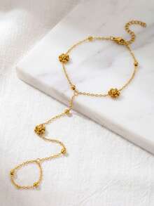 1pc Stainless Steel Non-Fading Flower & Bead Linked Finger Hand Chain, Minimalist Hand Harness Jewelry, Versatile For Daily Wear/Party/Date - Gold - View 7