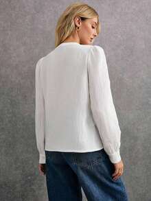 2026 Blusa elegante de mujer con estampado floral, manga abullonada y abotonadura sencilla, estilo bohemio vintage, blusa de manga larga blanca, blusa de estilo bohemio para mujer, blusa de manga larga, blusa de otoño para mujer, blusas y camisas occidentales para mujer, blusa abotonada estilo bohemio - Blanco - Ver 3