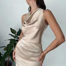 MewMuse.  Conjunto de 2 piezas con blusa con cuello de corbata de satén y pliegues, con espalda atada, y falda larga fruncida, adecuado para el Día de San Valentín, concierto, actuación, cita, fiesta, baile de graduación, boda, sexy, elegante, viaje al trabajo, vuelta al colegio, vacaciones, playa, romántico - Amarillo - Ver 6