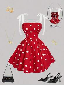 MOD Vestido rosa romántico con espalda descubierta y lazo, adecuado para citas, fiestas, vacaciones, meriendas de té y ocasiones de cumpleaños - Rojo - Ver 3