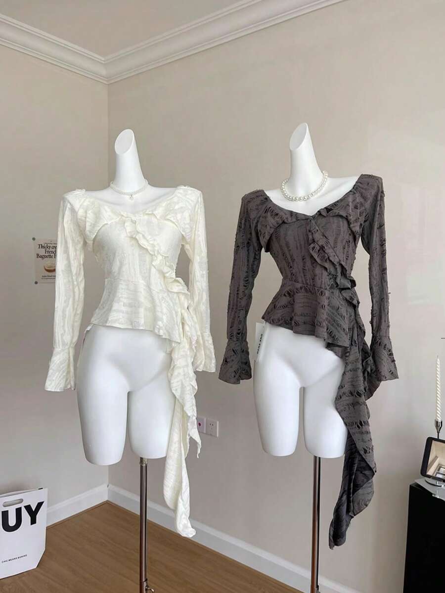 Autumn New Arrivals: Women's Long-Sleeve Tops With Irregular Design, Ruffles, And Fishtails - Sweet, Cute, Sexy, Girly, Elegant, And Casual Styles - White - View 1