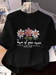 Camiseta clásica de manga corta con cuello redondo para mujer, hecha de suave algodón puro, agradable al tacto y transpirable, fresca y cómoda para primavera y verano. Exquisito patrón impreso con diseño único. La versión sencilla y elegante posee un encanto casual y moderno. Adecuado para uso diario, salidas, fines de semana, vacaciones, reuniones y paseos por la ciudad, fácil de lucir con un estilo elegante y casual. - Negro - Ver 2