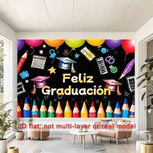Pancarta plana 2D para fiesta de graduación - Fondo colorido, con graduados, globos y papel colorido, perfecta para decoración del hogar, habitación y pared, y también un excelente accesorio para fotos de graduación. Disponible en varios estilos y tamaños. - 5 - Ver 3